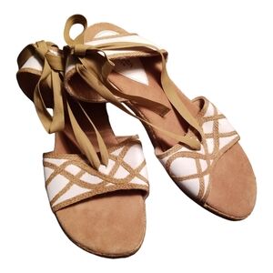 Clarks Tan and White Sandals with Ankle Wrap